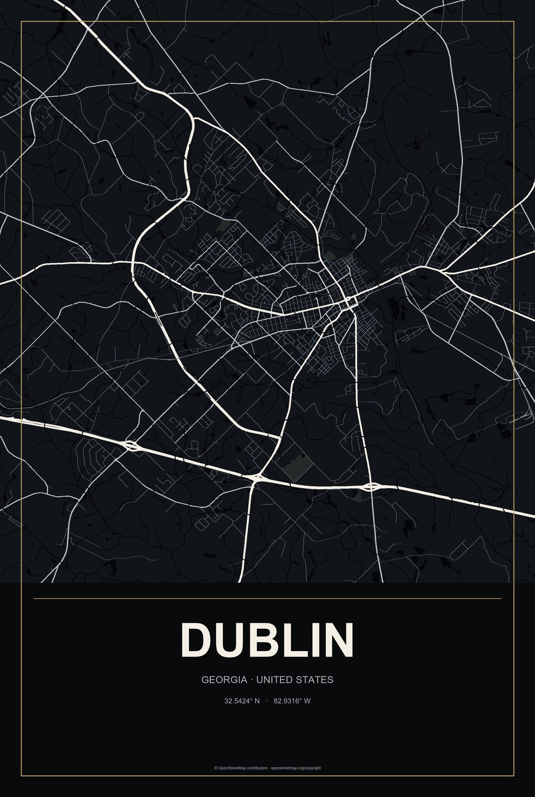 Dublin, Georgia City Map Aluminum Sign in Metropolitan Noir style
