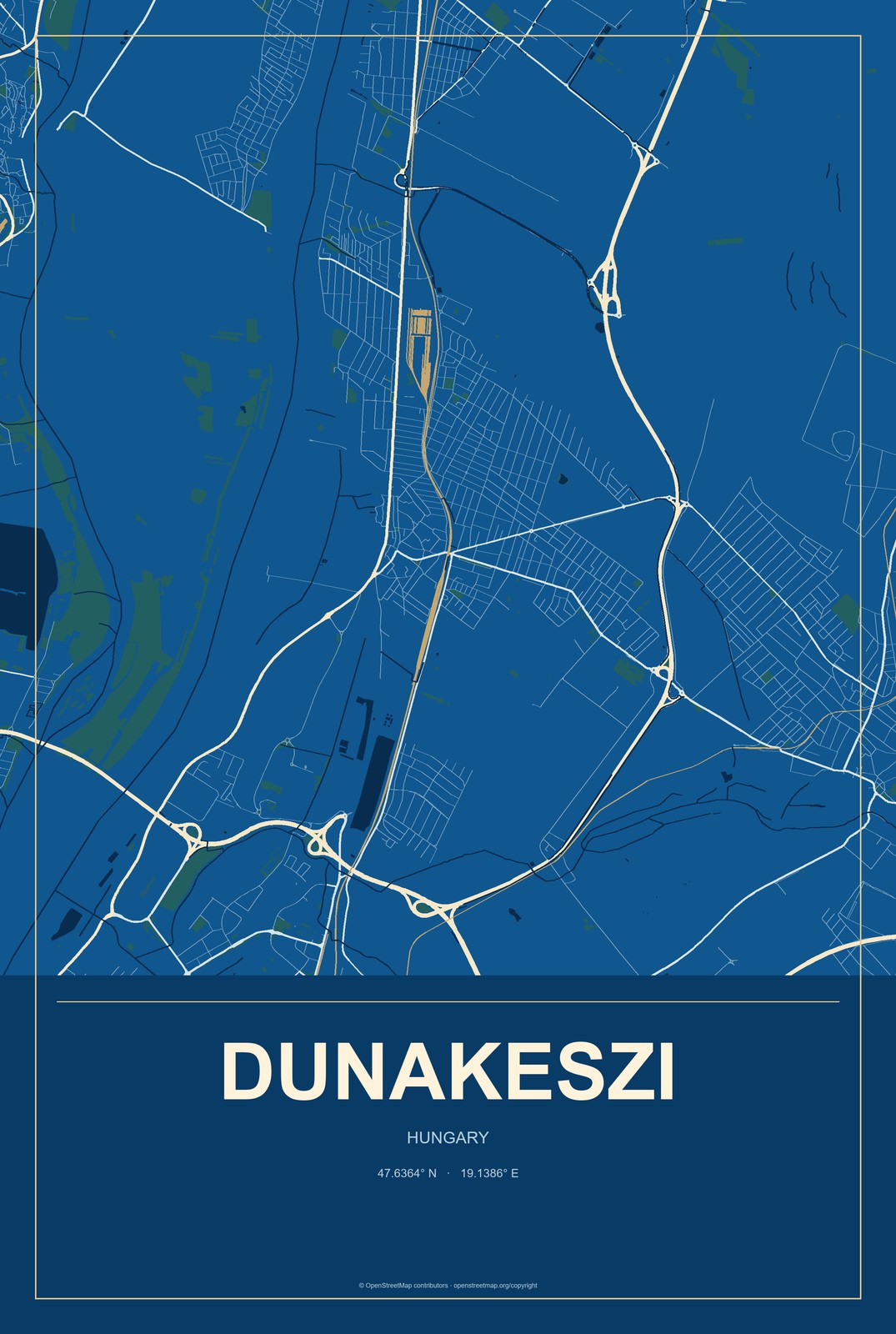 Dunakeszi, Hungary City Map Aluminum Sign in Harbor Cobalt style