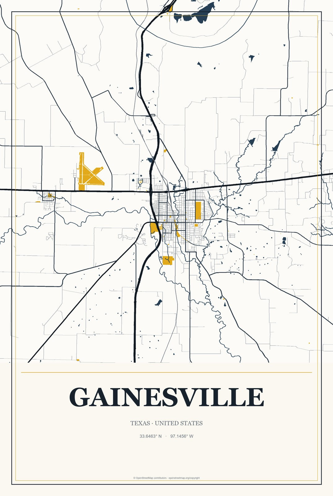 Gainesville, Texas City Map Aluminum Sign in Citrine Modern style