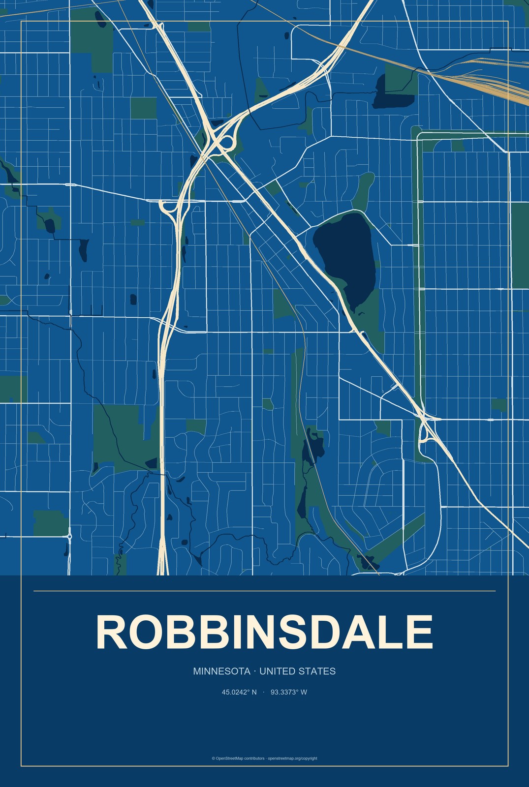 Robbinsdale, Minnesota City Map Aluminum Sign in Harbor Cobalt style