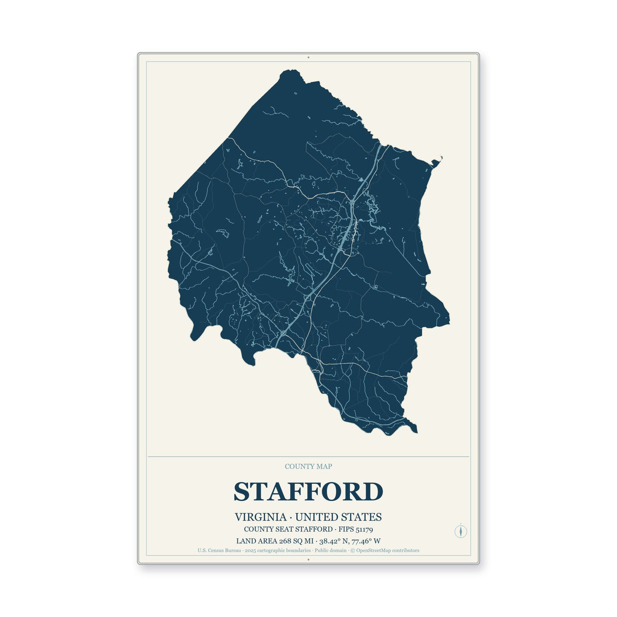Stafford County, Virginia Map Aluminum Sign in Coastal Cutout style