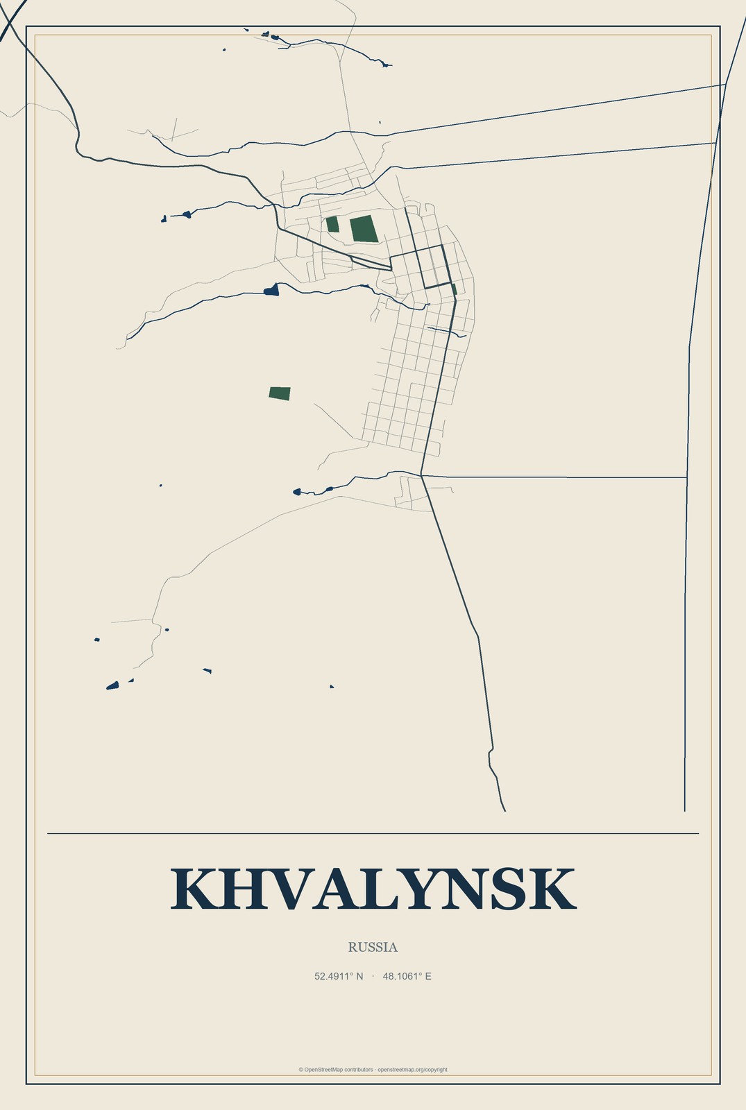 Khvalynsk, Russia City Map Aluminum Sign in Coastal Cutout style