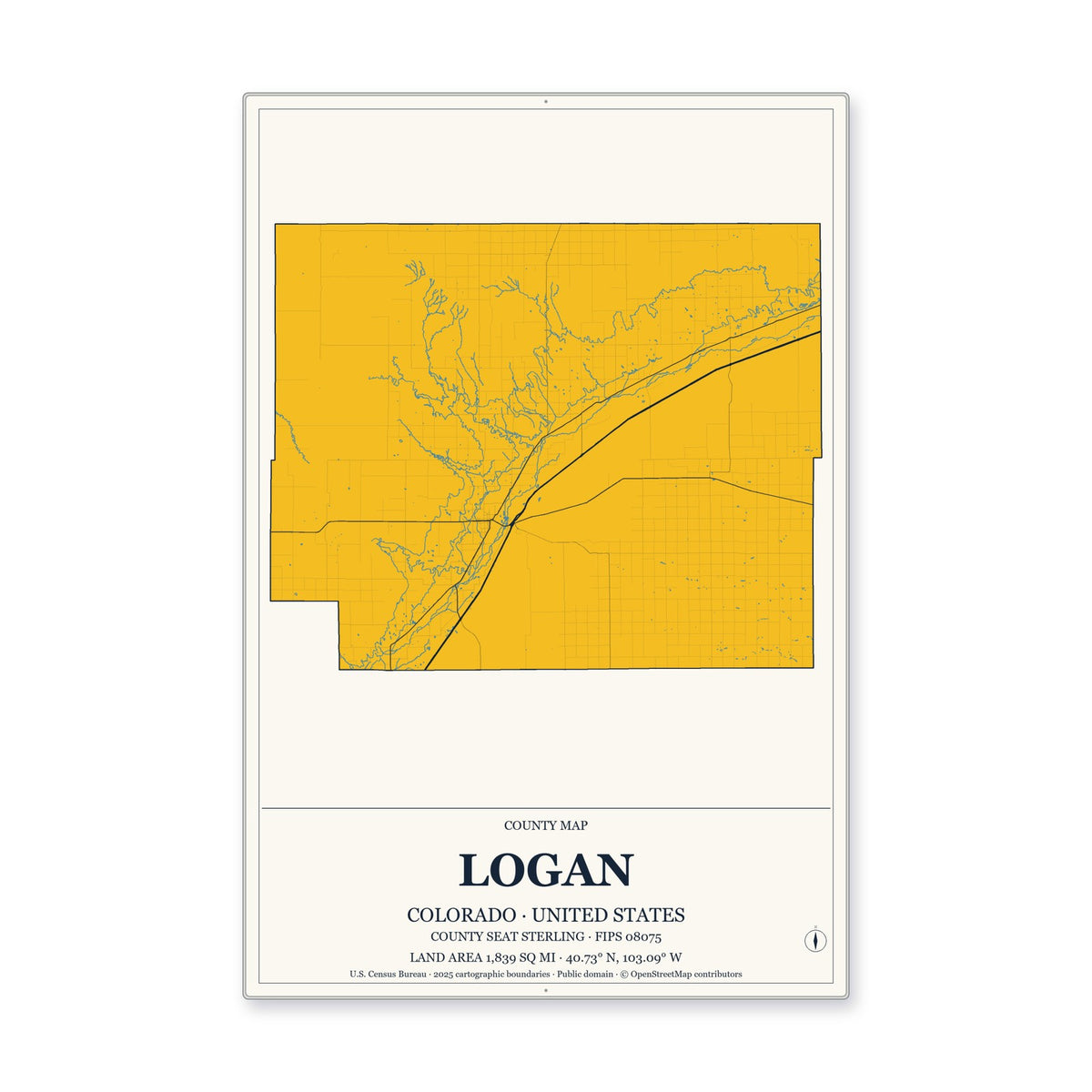 Logan County, Colorado Map Aluminum Sign in Citrine Modern style