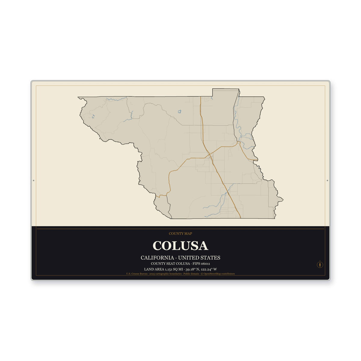 Colusa County, California Map Aluminum Sign in Museum Plaque style