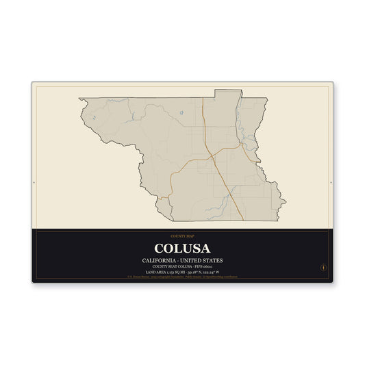 Colusa County, California Map Aluminum Sign in Museum Plaque style