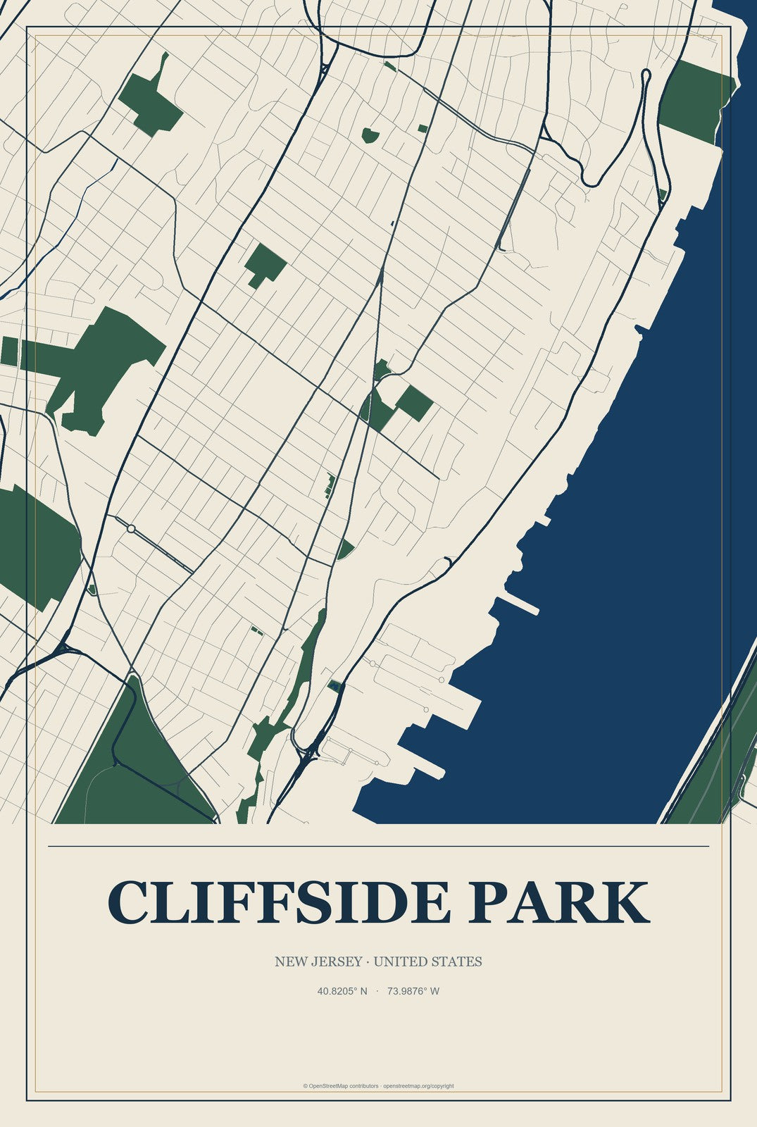 Cliffside Park, New Jersey City Map Aluminum Sign in Coastal Cutout style