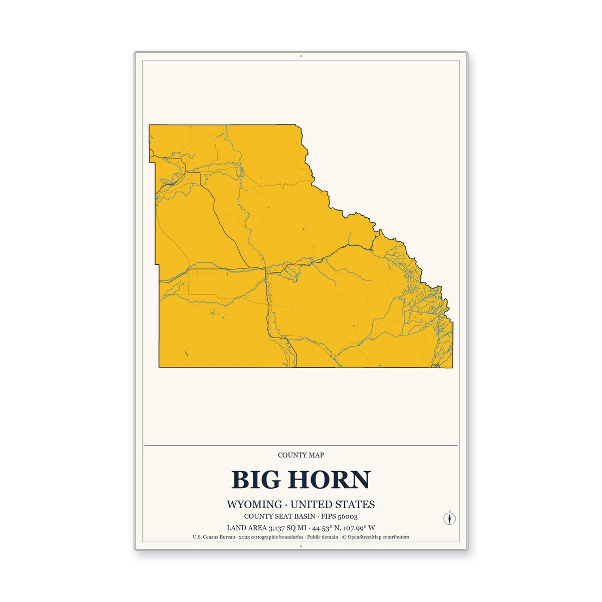 Big Horn County, Wyoming Map Aluminum Sign in Citrine Modern style