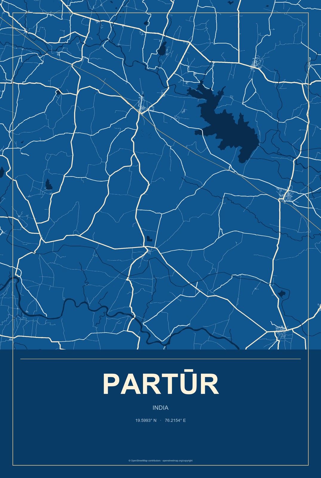 Partūr, India City Map Aluminum Sign in Harbor Cobalt style