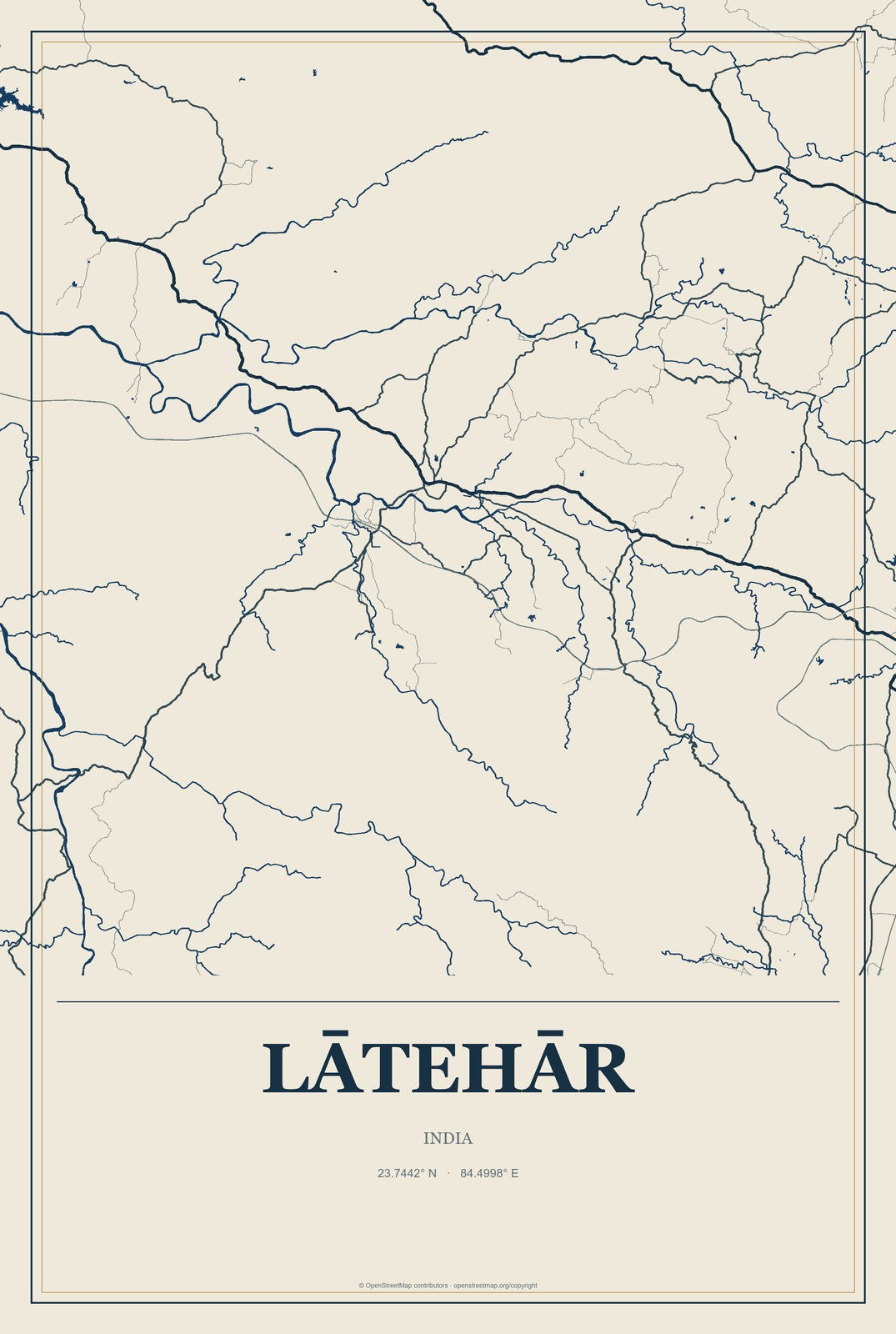 Lātehār, India City Map Aluminum Sign in Coastal Cutout style