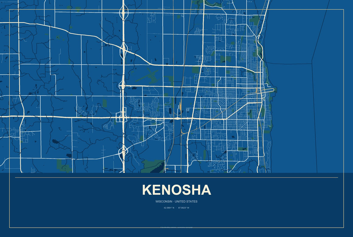 Kenosha, Wisconsin City Map Aluminum Sign in Harbor Cobalt style