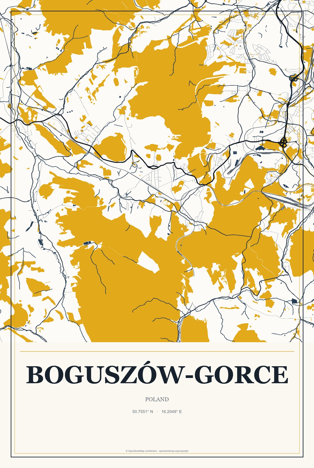 Boguszów-Gorce, Poland City Map Aluminum Sign in Citrine Modern style