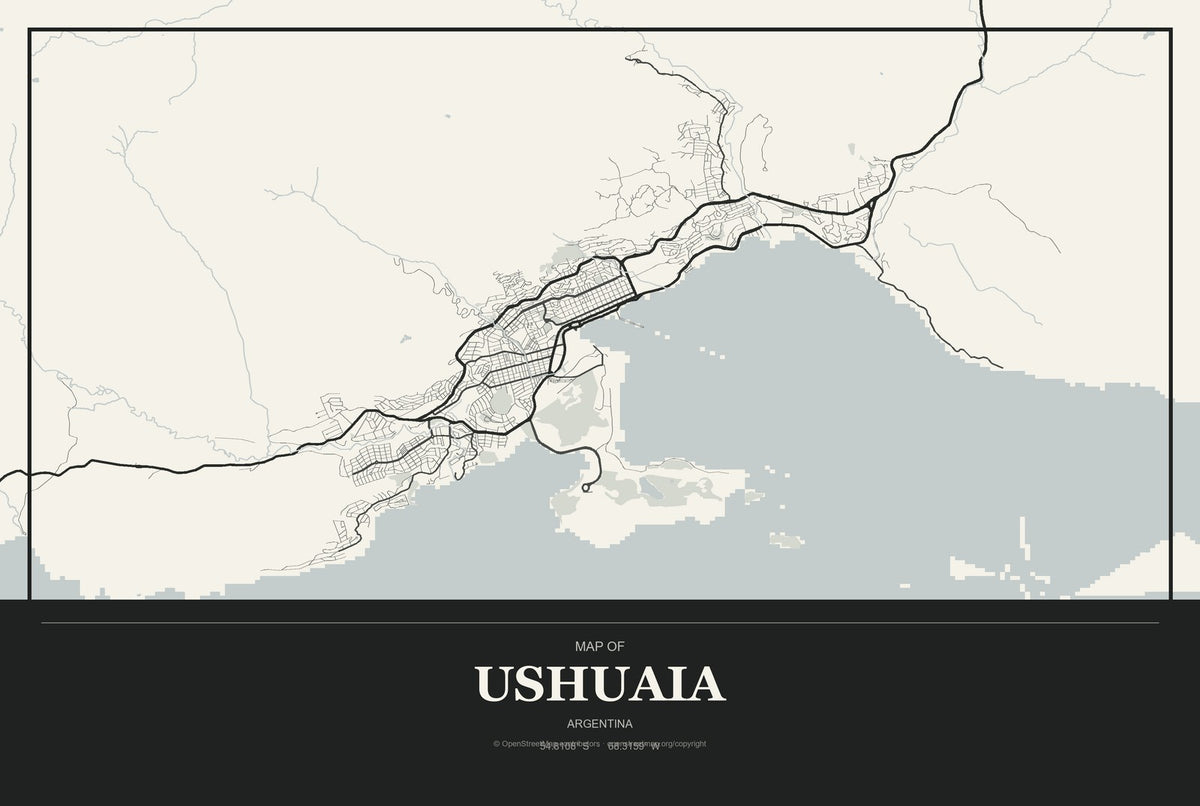 Ushuaia, Argentina City Map Aluminum Sign in Museum Plaque style