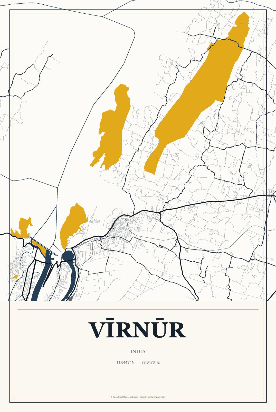 Vīrnūr, India City Map Aluminum Sign in Citrine Modern style