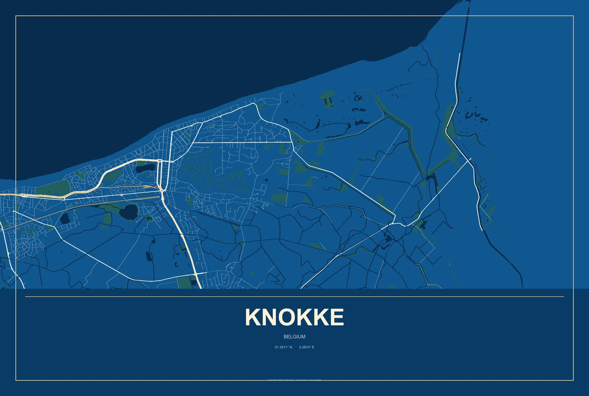 Knokke, Belgium City Map Aluminum Sign in Harbor Cobalt style