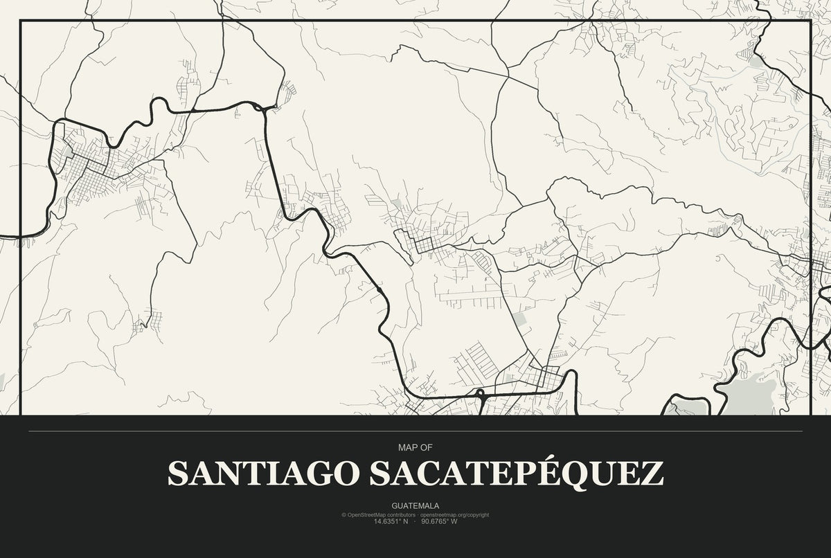 Santiago Sacatepéquez, Guatemala City Map Aluminum Sign in Museum Plaque style