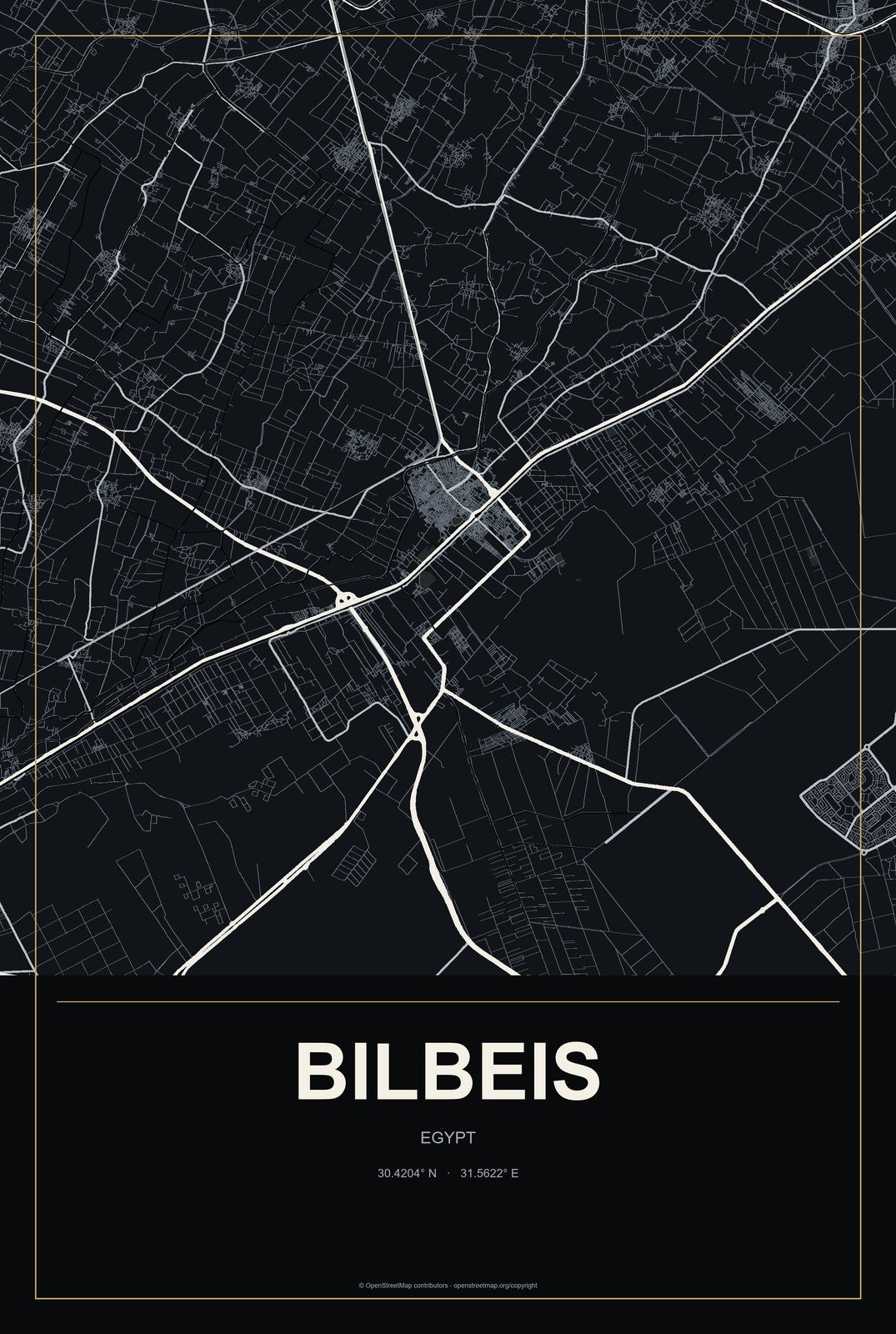 Bilbeis, Egypt City Map Aluminum Sign in Metropolitan Noir style