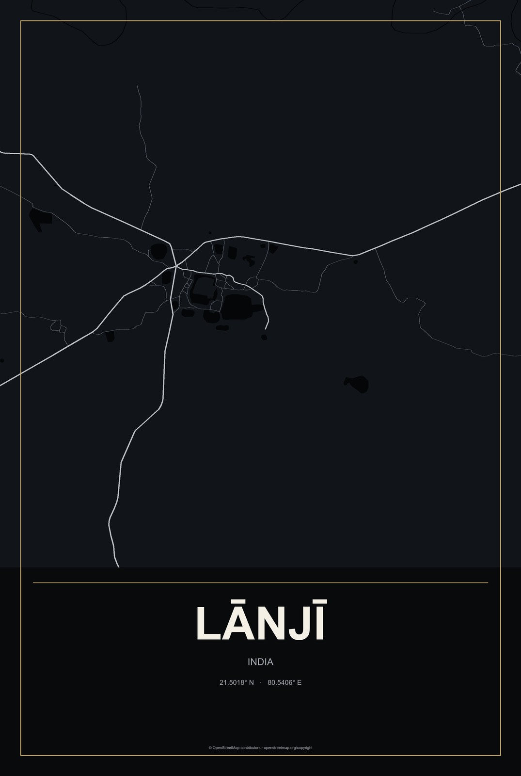 Lānjī, India City Map Aluminum Sign in Metropolitan Noir style