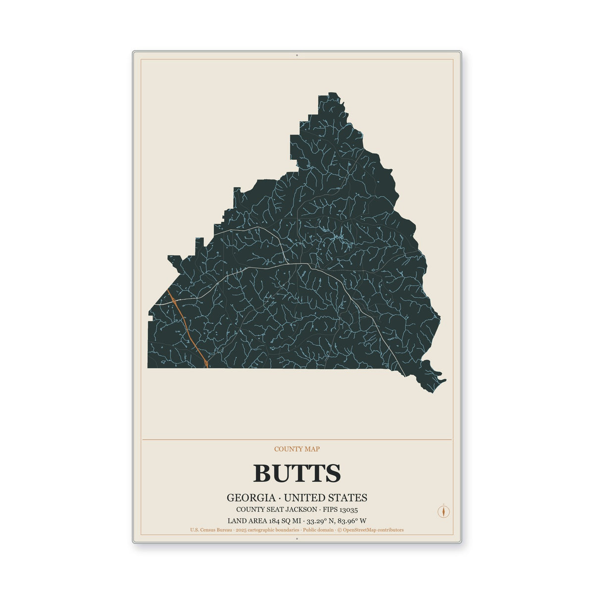 Butts County, Georgia Map Aluminum Sign in Headline Atlas style