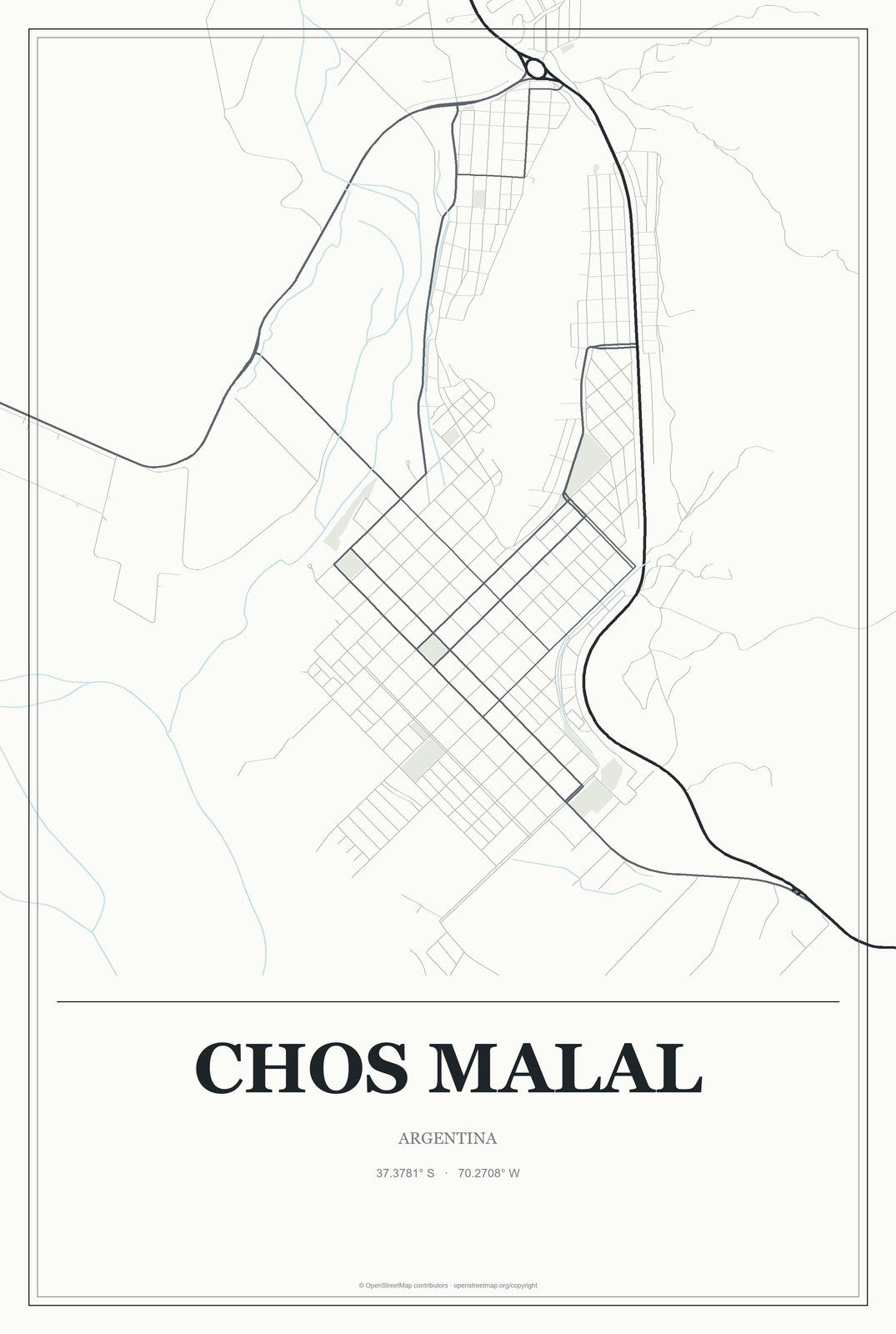 Chos Malal, Argentina City Map Aluminum Sign in Gallery Air style