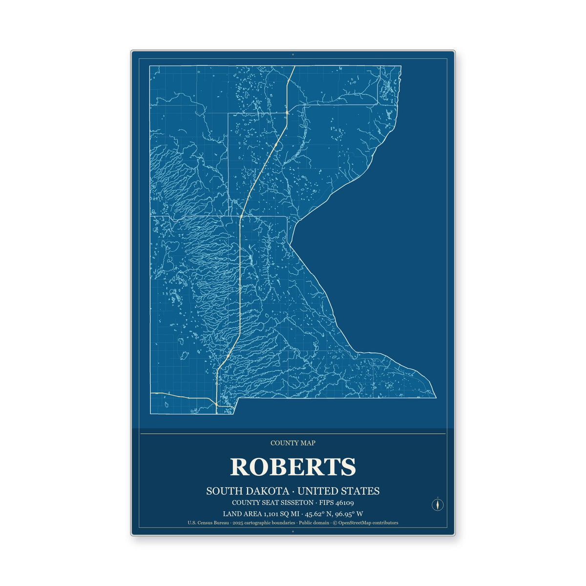 Roberts County, South Dakota Map Aluminum Sign in Harbor Cobalt style