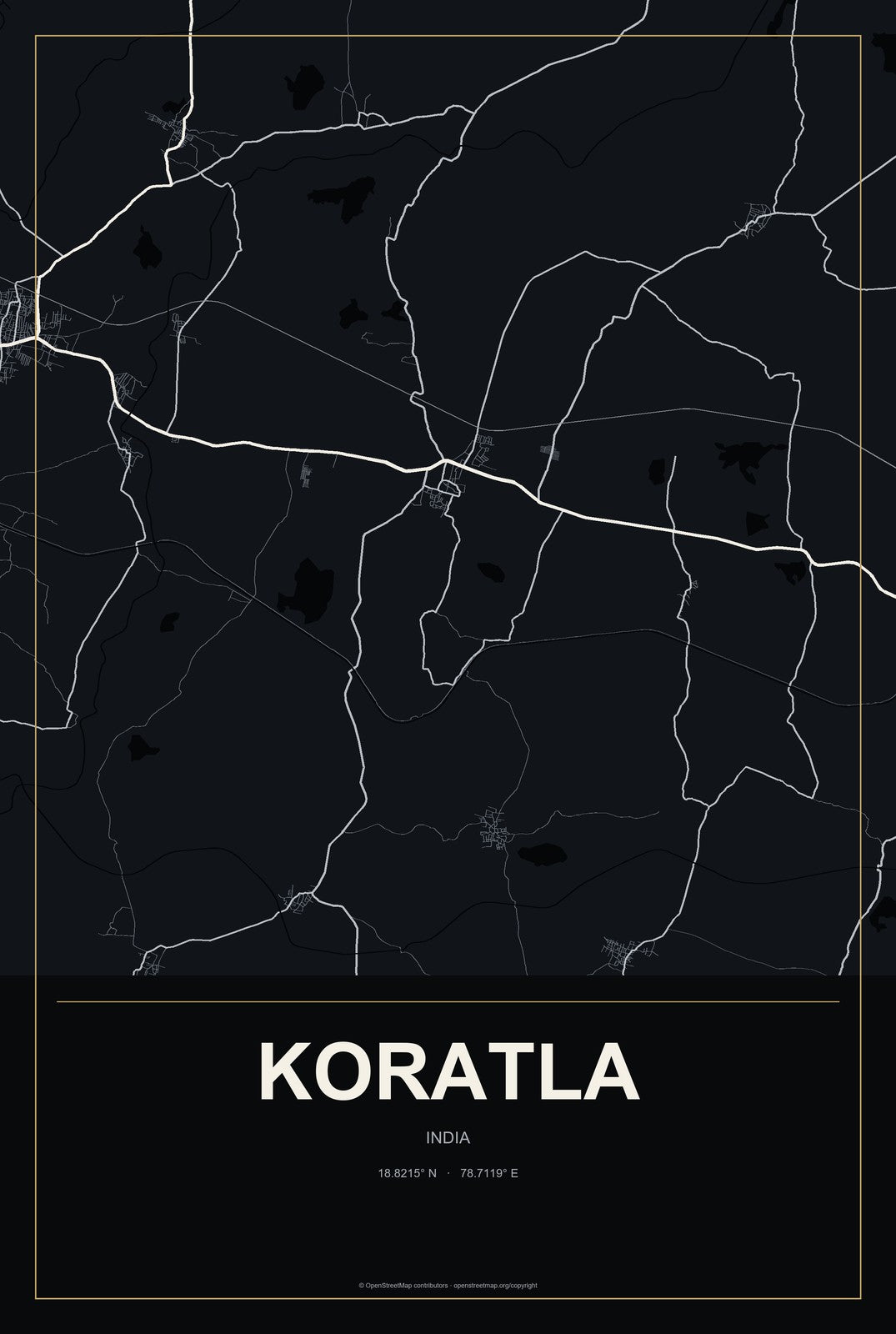 Koratla, India City Map Aluminum Sign in Metropolitan Noir style