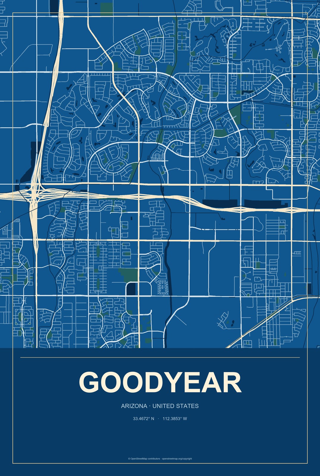 Goodyear, Arizona City Map Aluminum Sign in Harbor Cobalt style