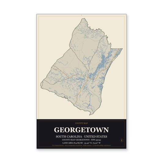 Georgetown County, South Carolina Map Aluminum Sign in Museum Plaque style