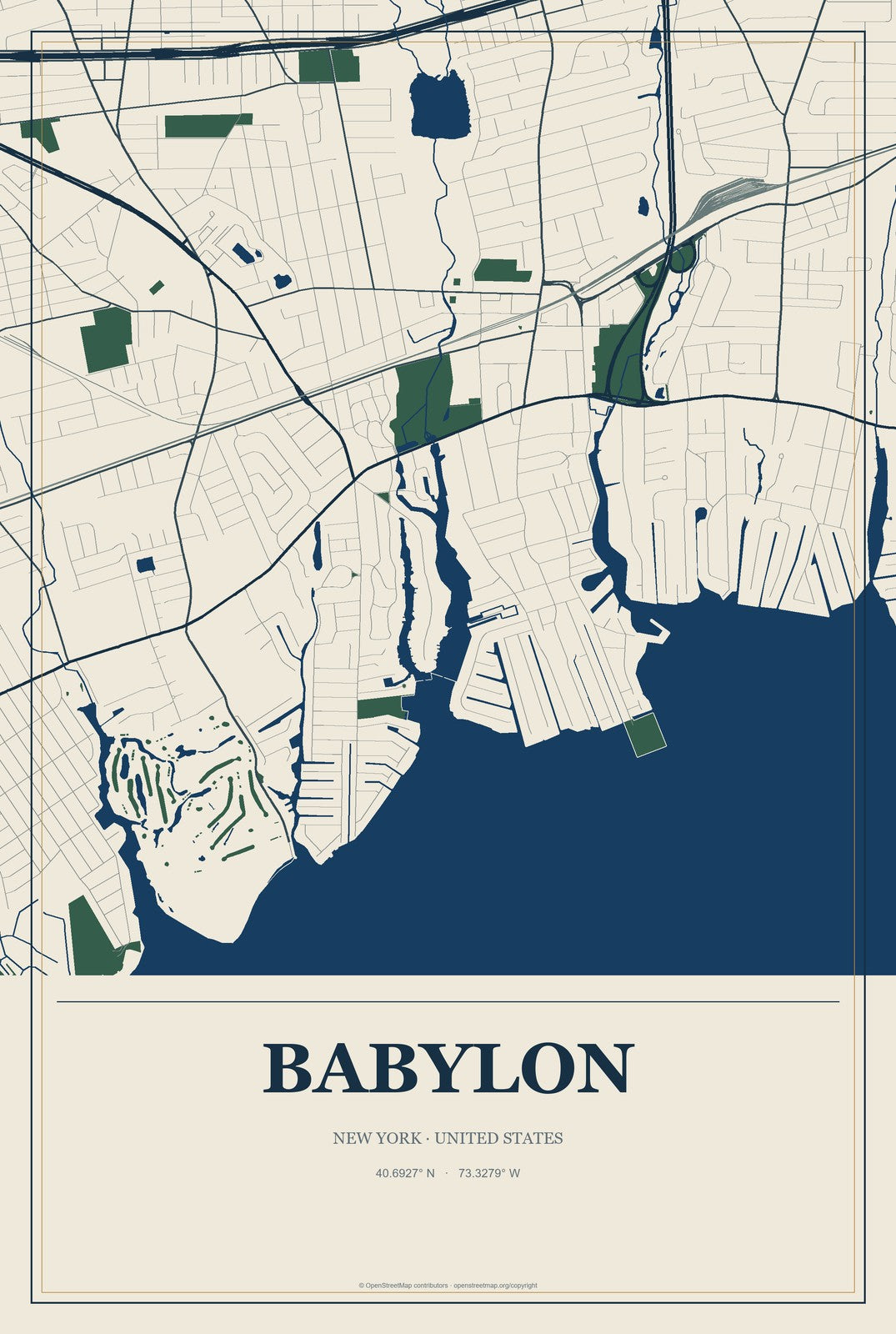 Babylon, New York City Map Aluminum Sign in Coastal Cutout style