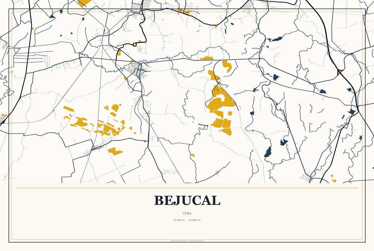 Bejucal, Cuba City Map Aluminum Sign in Citrine Modern style