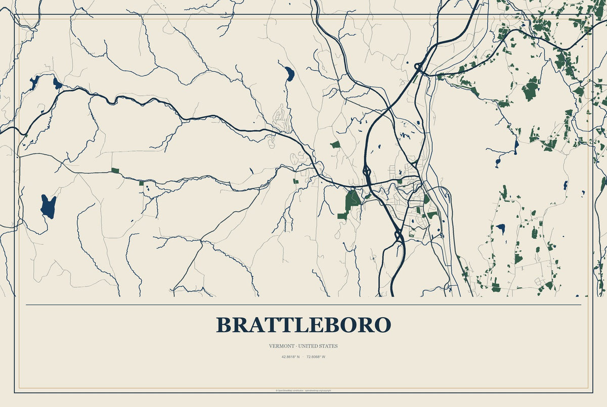 Brattleboro, Vermont City Map Aluminum Sign in Coastal Cutout style