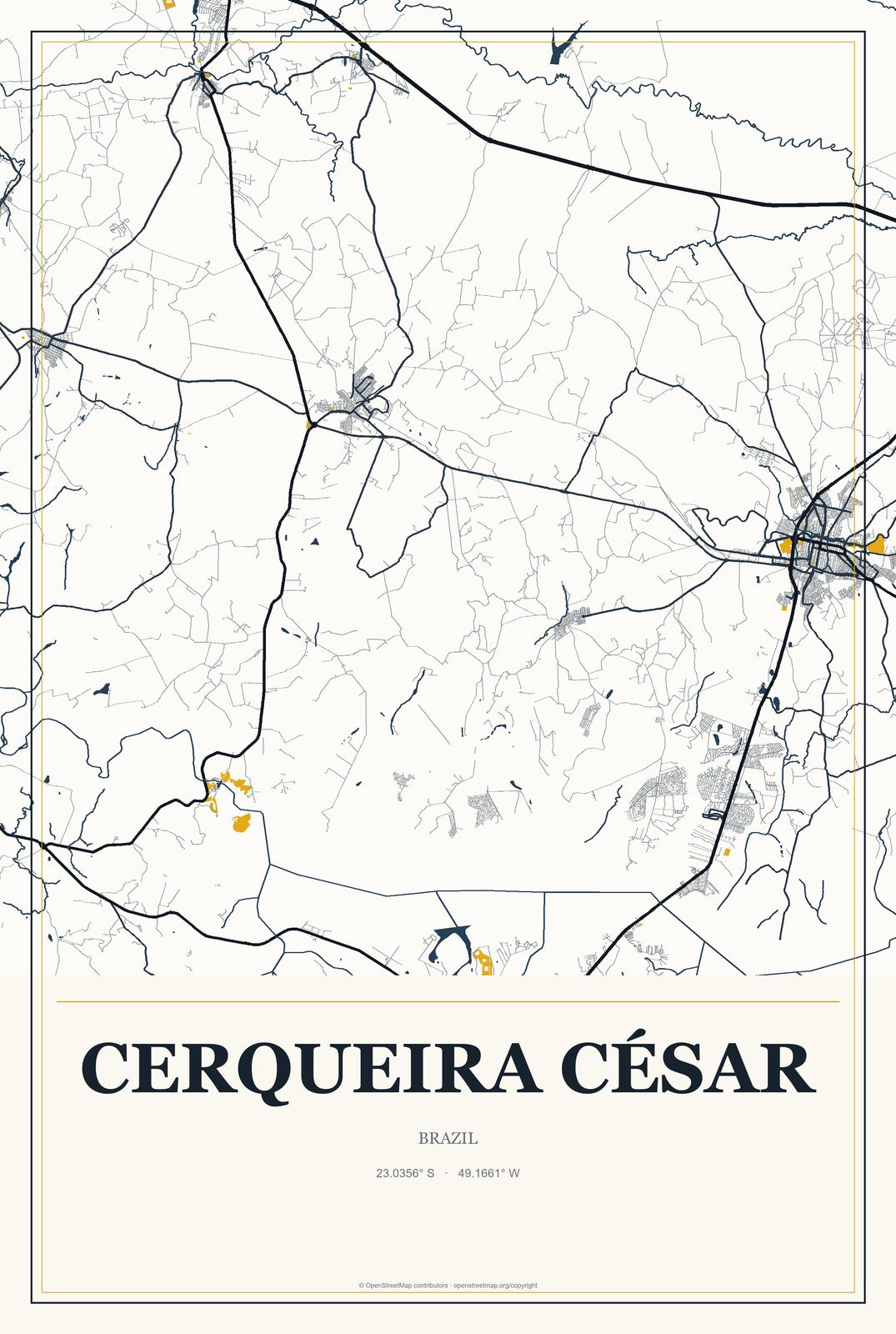 Cerqueira César, Brazil City Map Aluminum Sign in Citrine Modern style