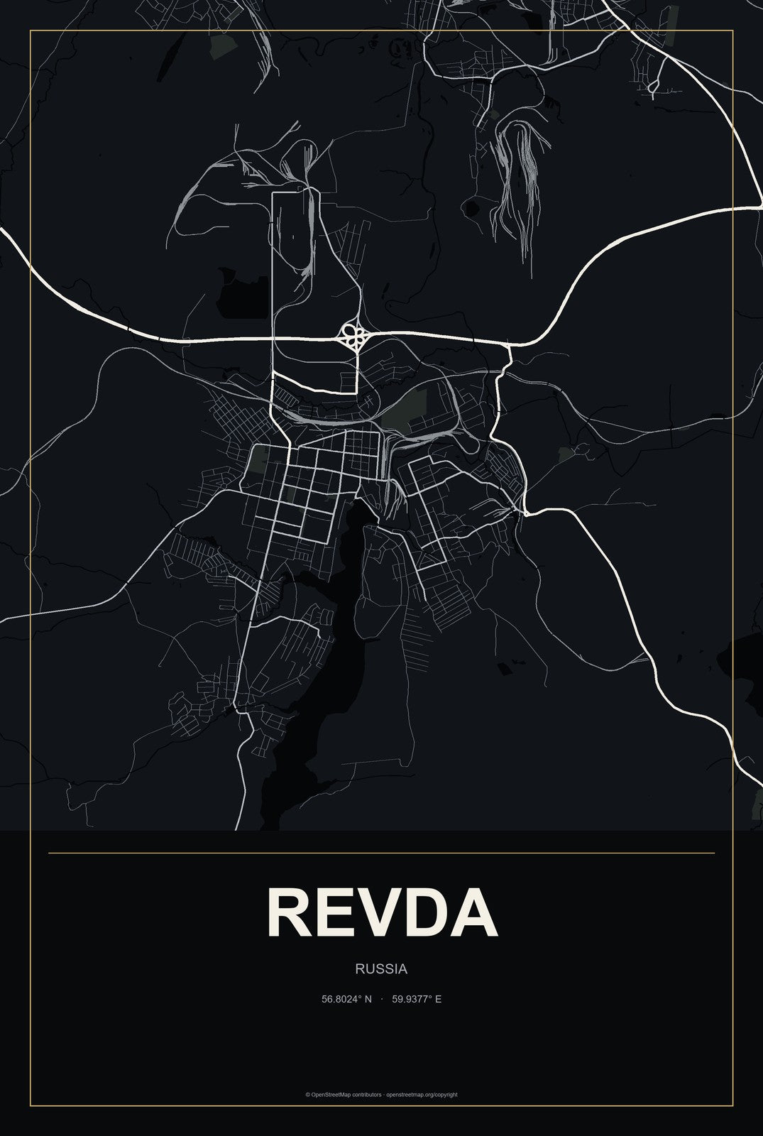 Revda, Russia City Map Aluminum Sign in Metropolitan Noir style
