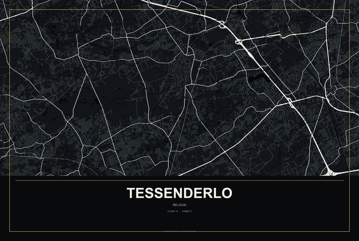 Tessenderlo, Belgium City Map Aluminum Sign in Metropolitan Noir style