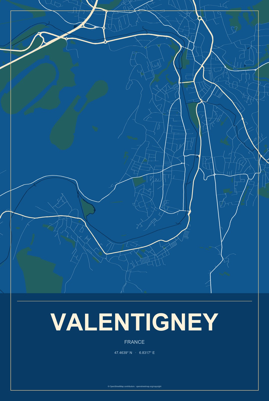 Valentigney, France City Map Aluminum Sign in Harbor Cobalt style