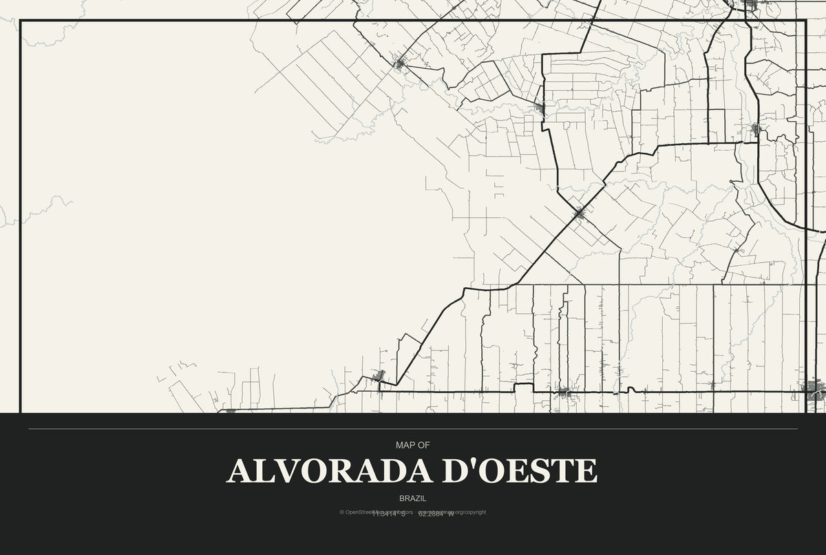 Alvorada d'Oeste, Brazil City Map Aluminum Sign in Museum Plaque style