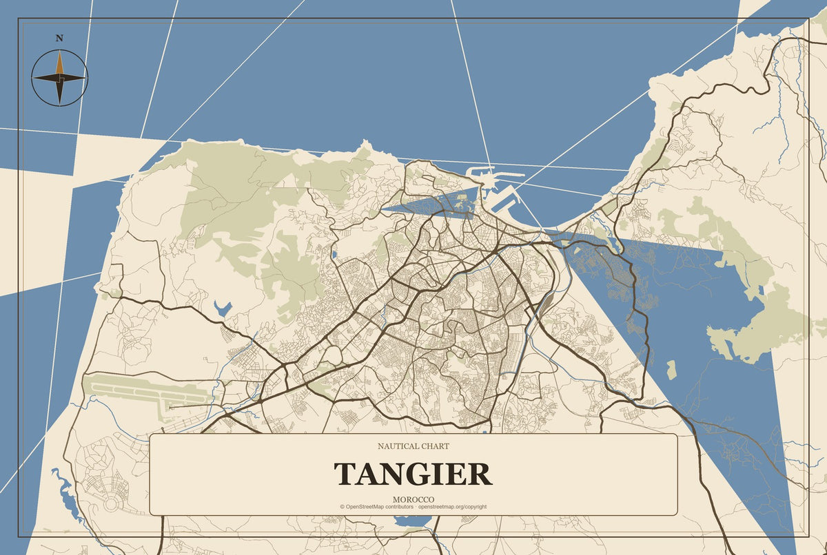 Tangier, Morocco City Map Aluminum Sign in Heritage Nautical style