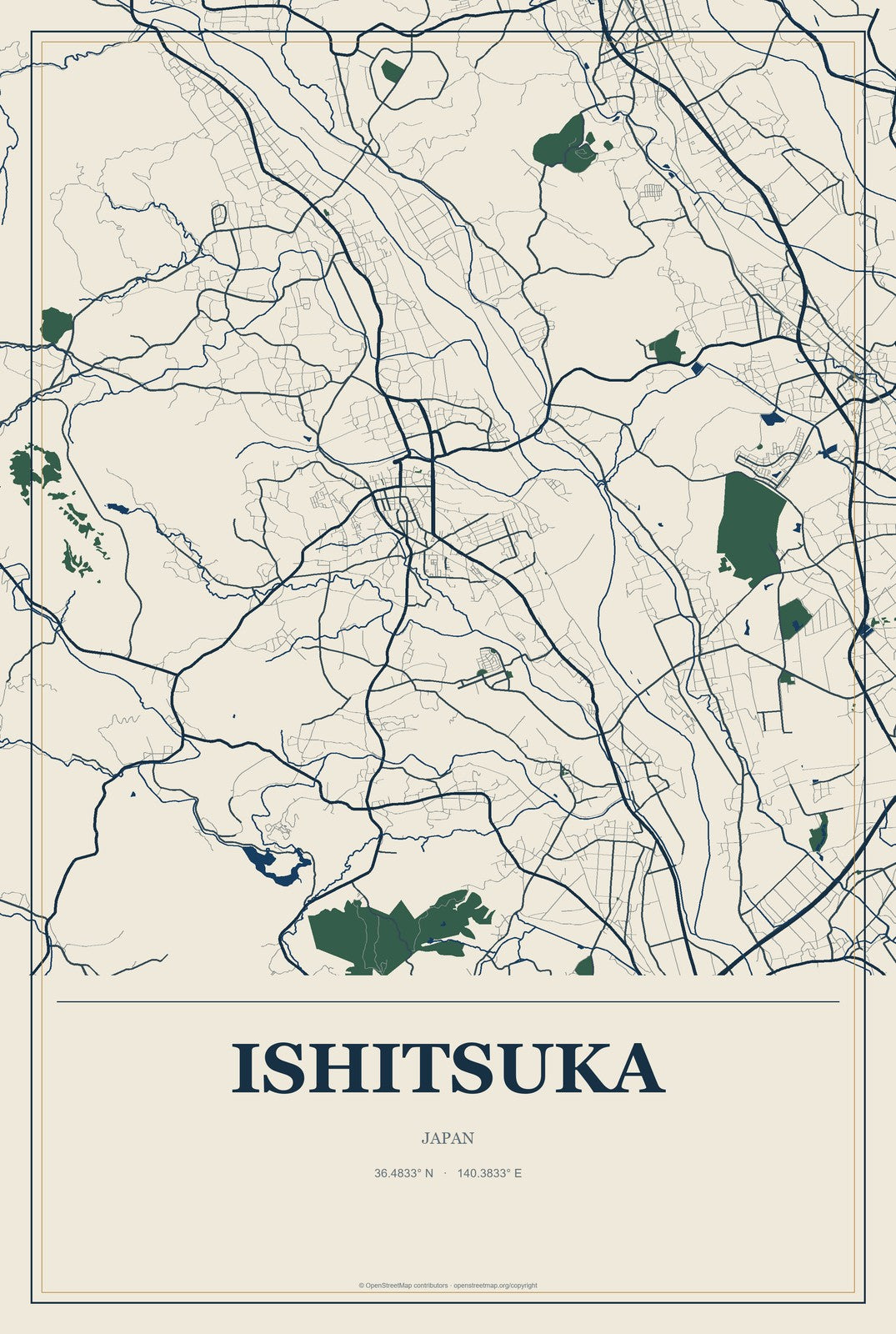 Ishitsuka, Japan City Map Aluminum Sign in Coastal Cutout style