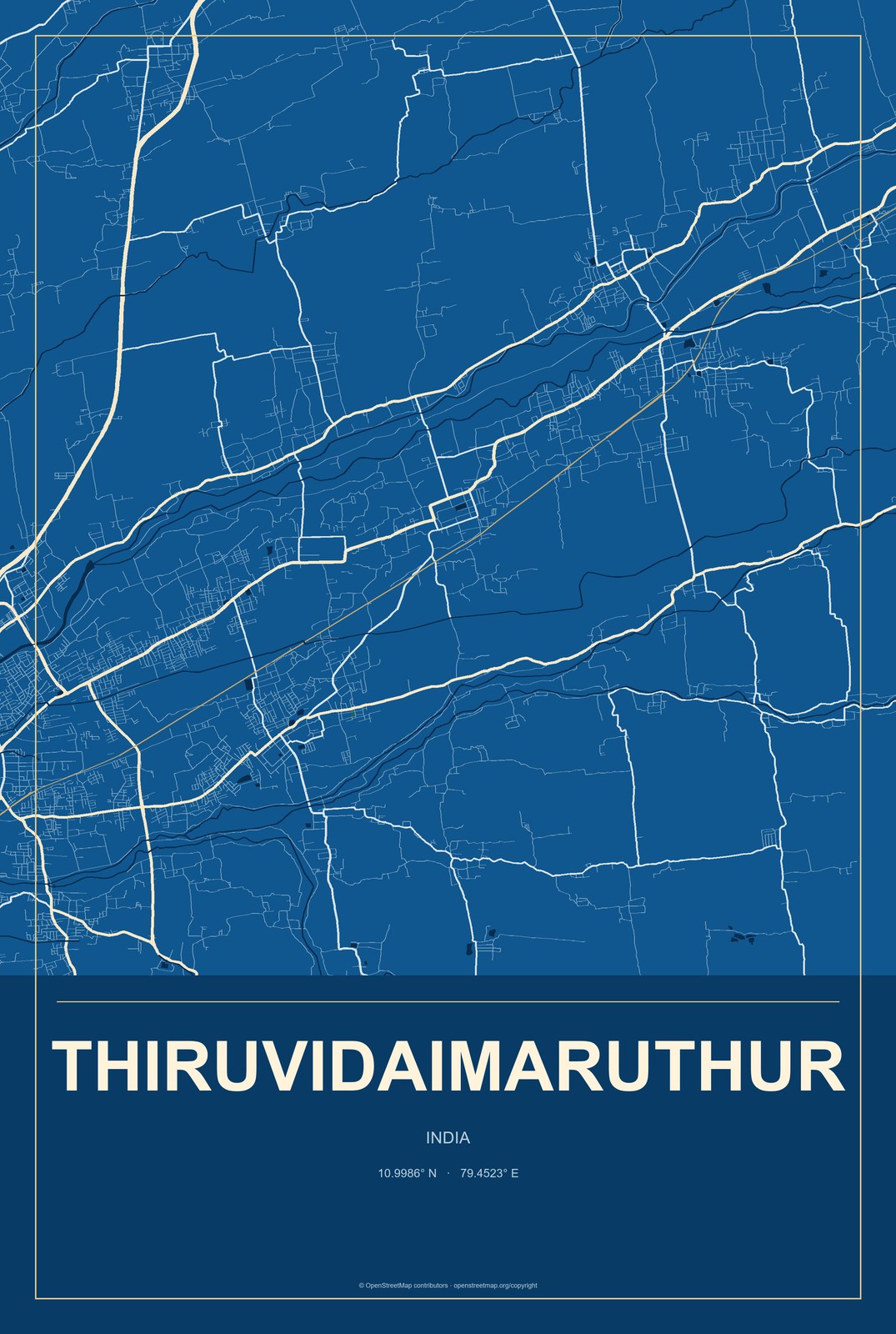 Thiruvidaimaruthur, India City Map Aluminum Sign in Harbor Cobalt style
