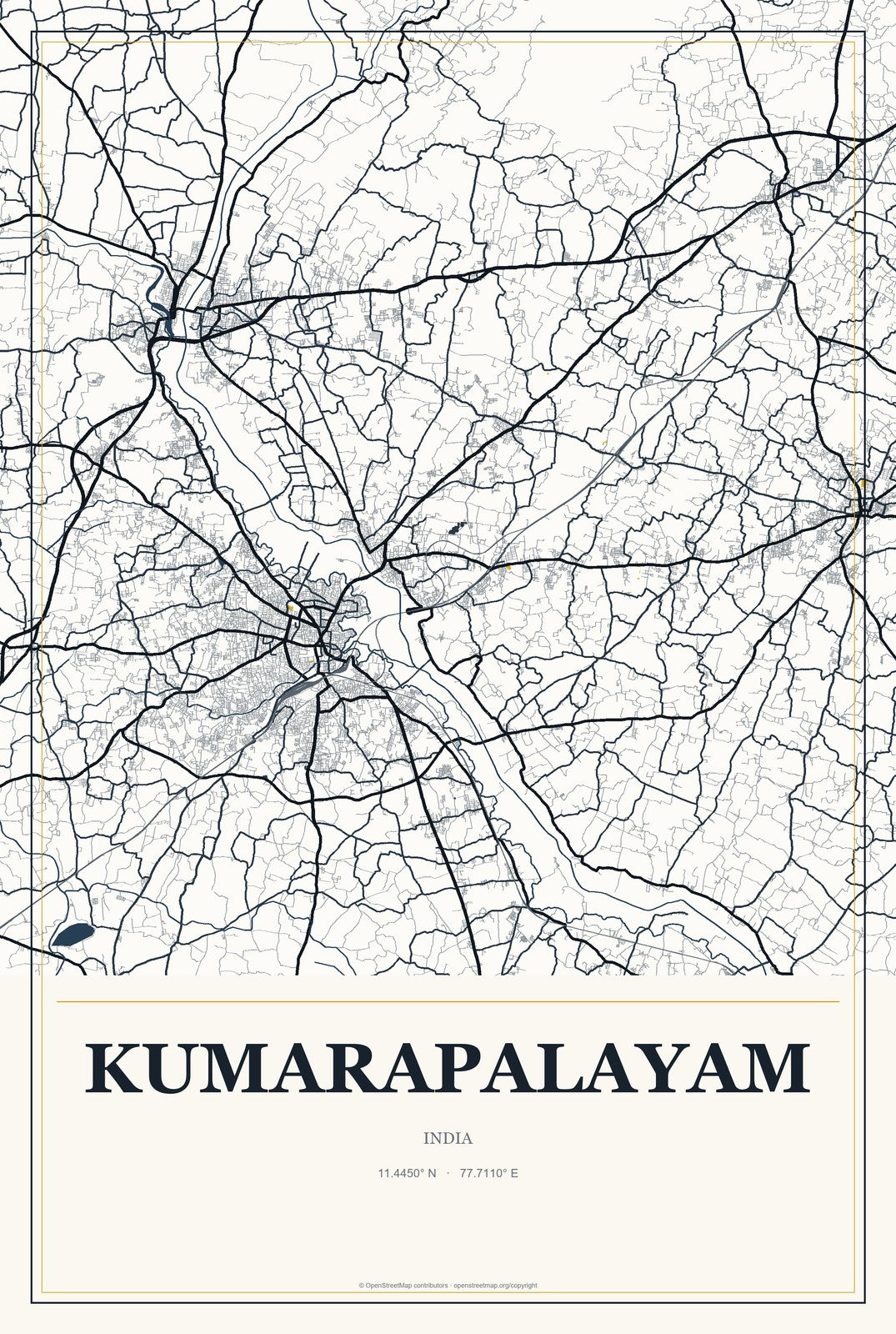 Kumarapalayam, India City Map Aluminum Sign in Citrine Modern style