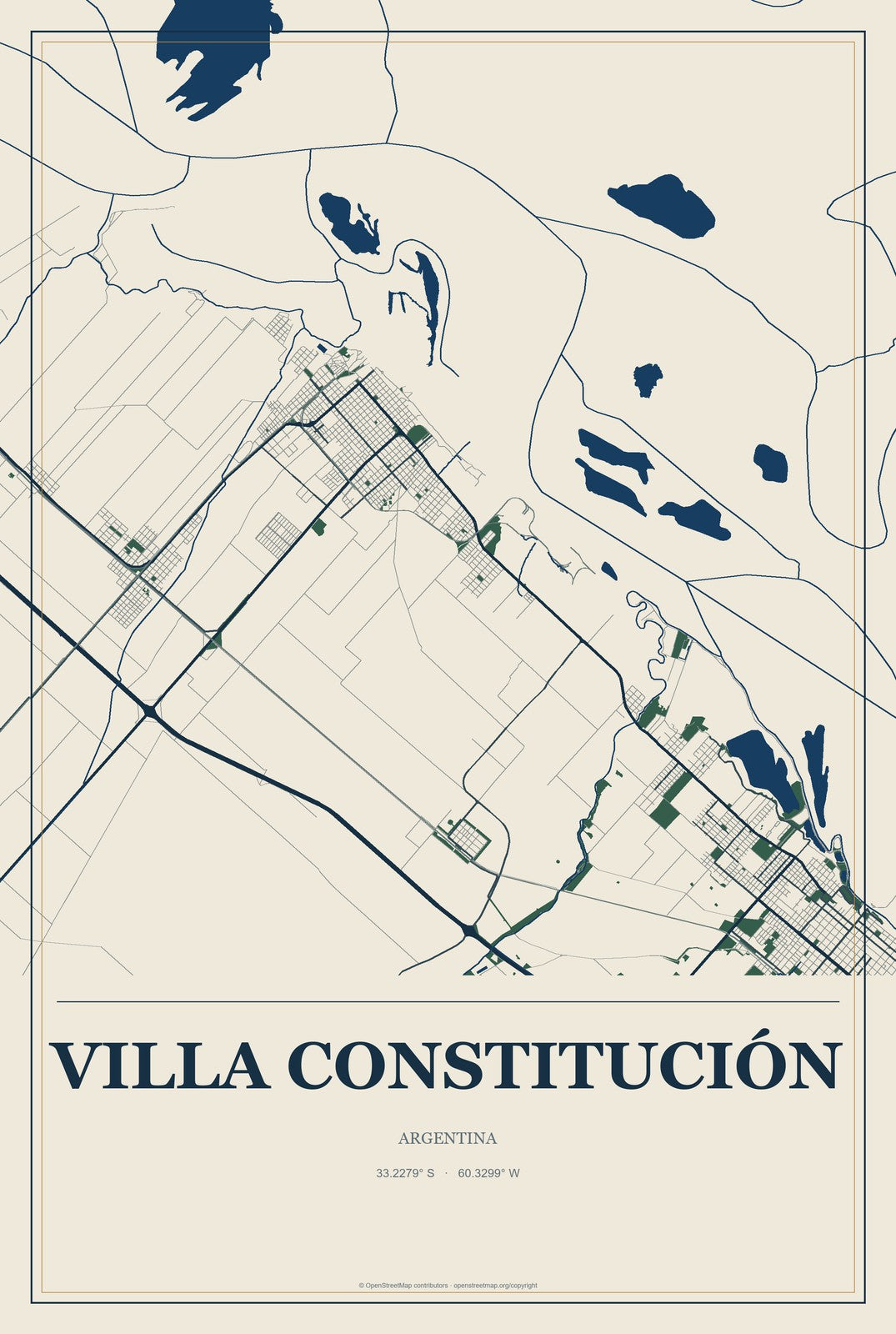 Villa Constitución, Argentina City Map Aluminum Sign in Coastal Cutout style