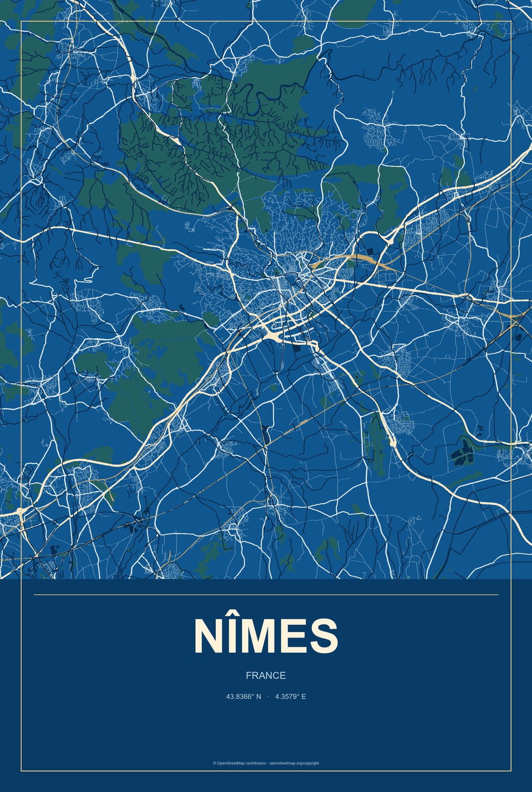 Nîmes, France City Map Aluminum Sign in Harbor Cobalt style