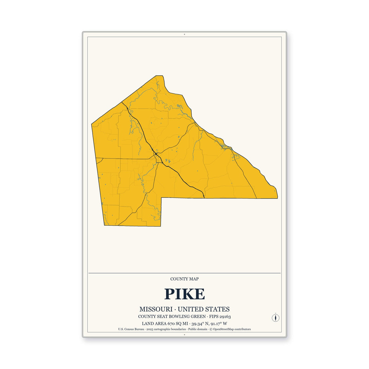 Pike County, Missouri Map Aluminum Sign in Citrine Modern style