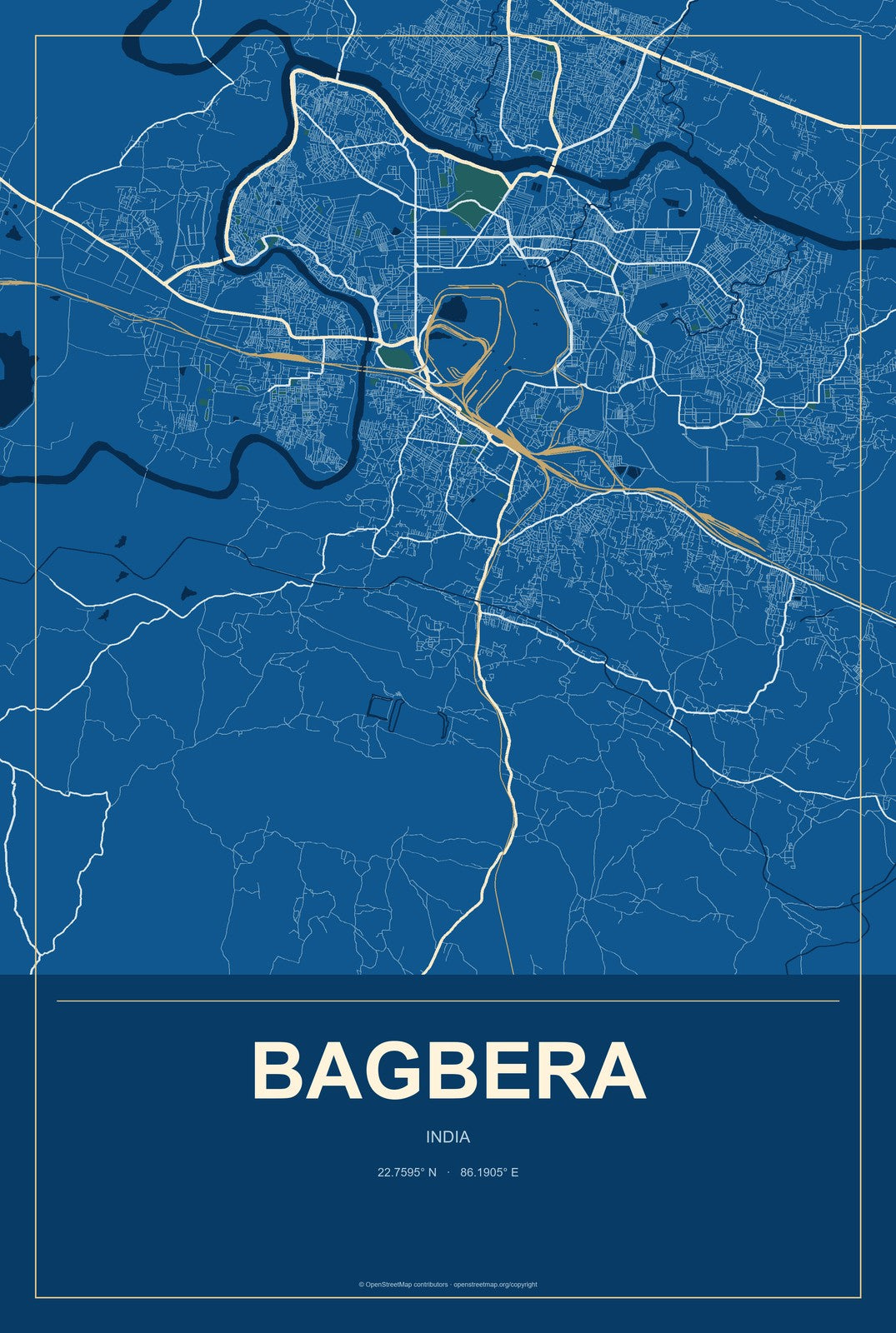 Bagbera, India City Map Aluminum Sign in Harbor Cobalt style