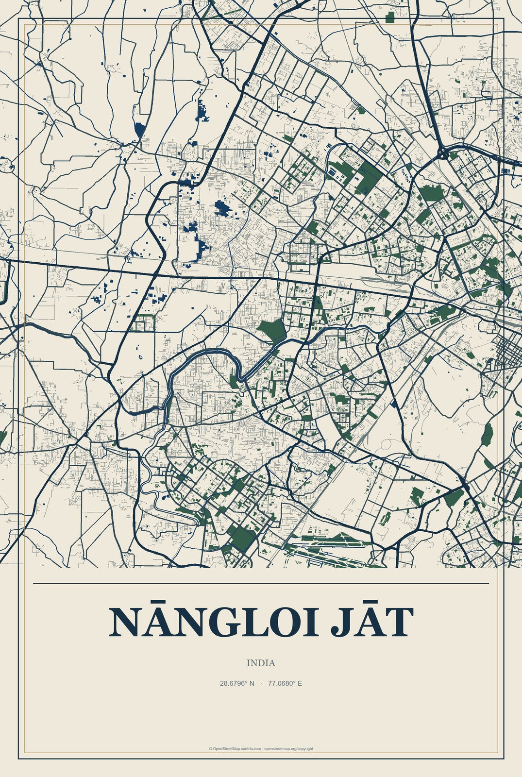 Nāngloi Jāt, India City Map Aluminum Sign in Coastal Cutout style