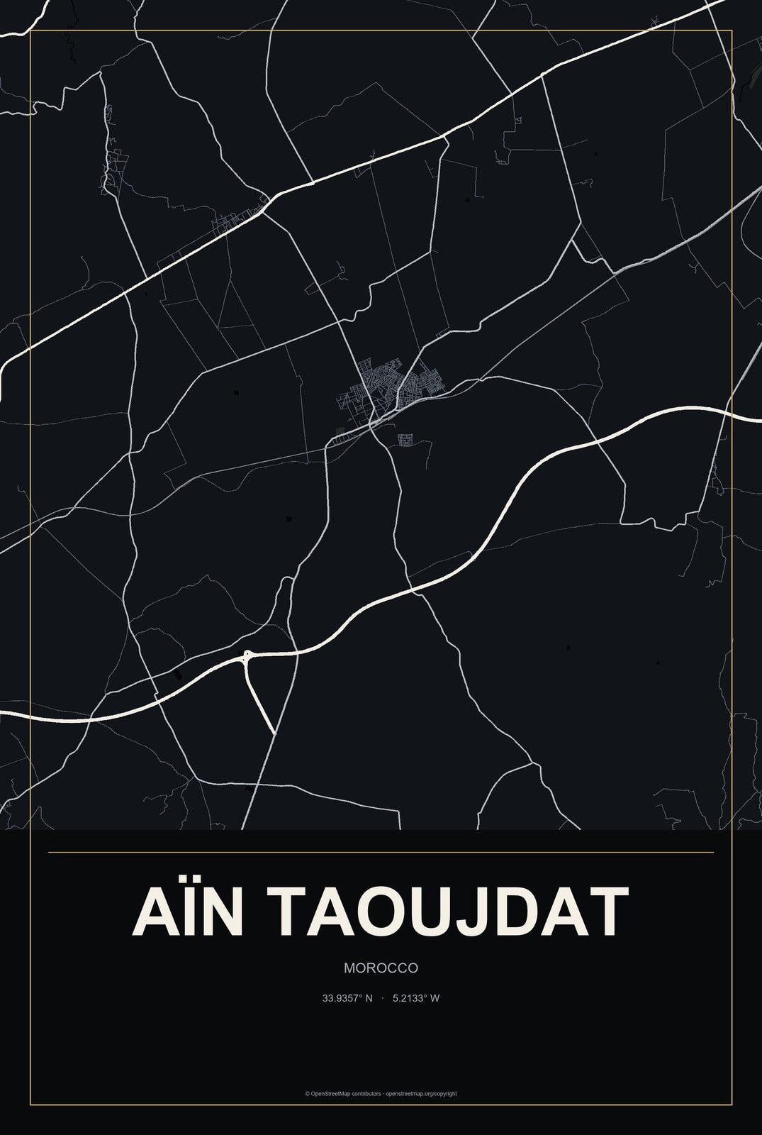 Aïn Taoujdat, Morocco City Map Aluminum Sign in Metropolitan Noir style