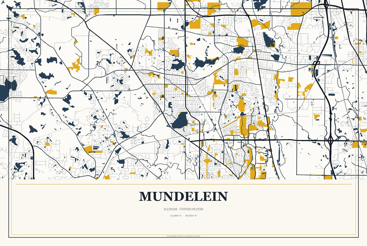 Mundelein, Illinois City Map Aluminum Sign in Citrine Modern style