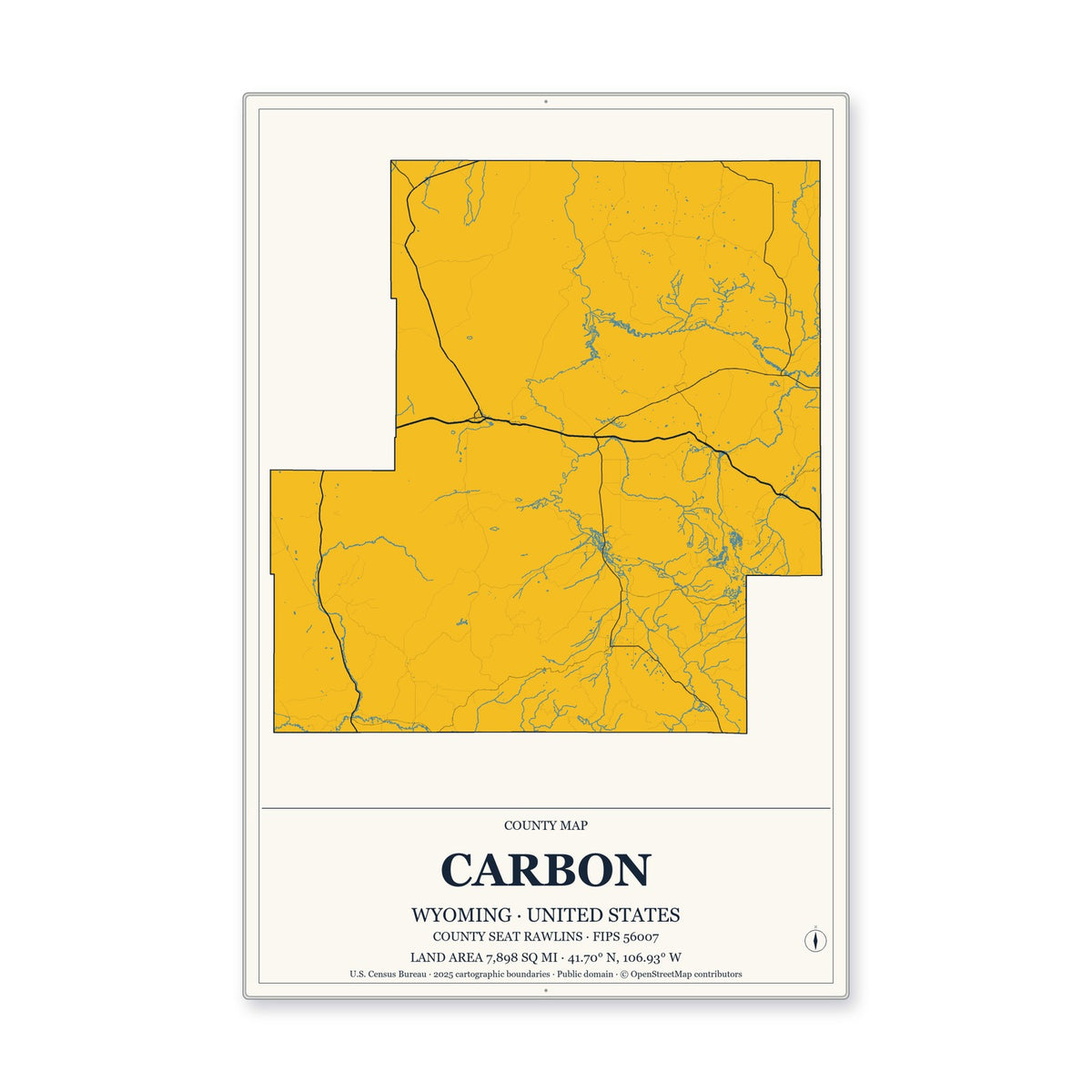 Carbon County, Wyoming Map Aluminum Sign in Citrine Modern style