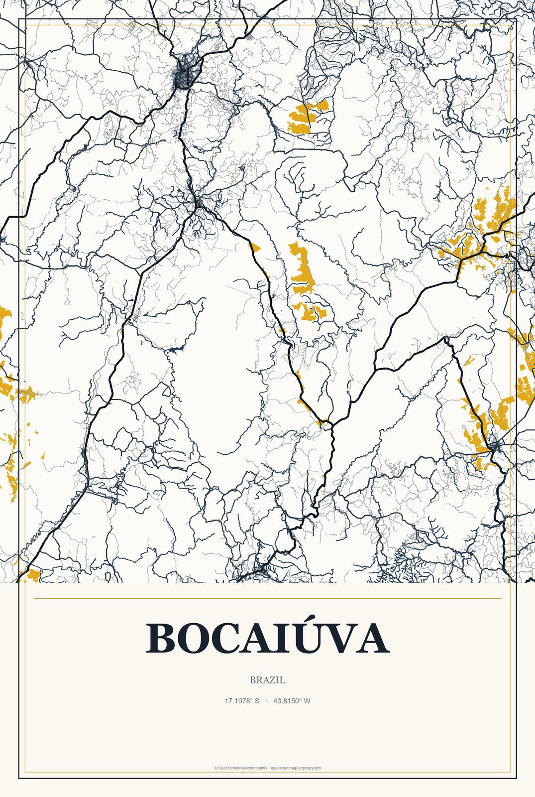 Bocaiúva, Brazil City Map Aluminum Sign in Citrine Modern style