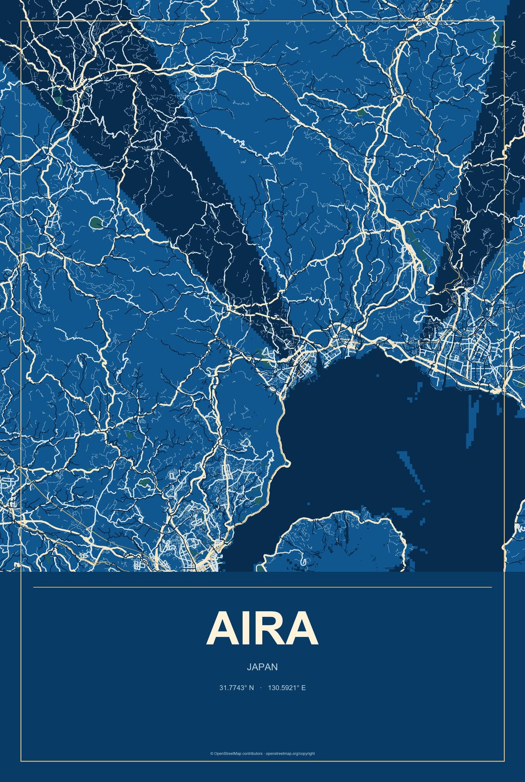Aira, Japan City Map Aluminum Sign in Harbor Cobalt style