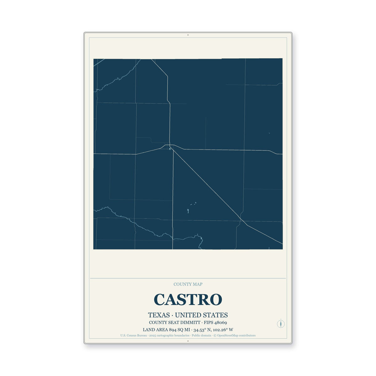 Castro County, Texas Map Aluminum Sign in Coastal Cutout style